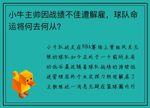 小牛主帅因战绩不佳遭解雇，球队命运将何去何从？
