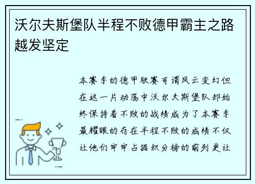 沃尔夫斯堡队半程不败德甲霸主之路越发坚定