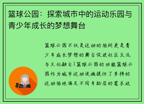 篮球公园：探索城市中的运动乐园与青少年成长的梦想舞台