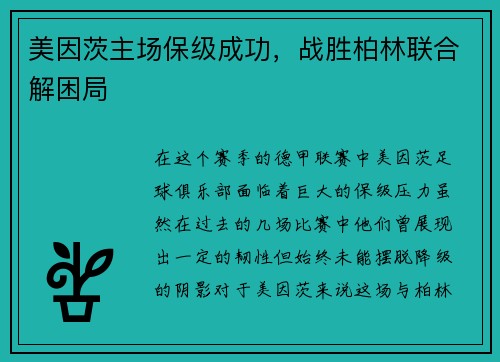 美因茨主场保级成功，战胜柏林联合解困局