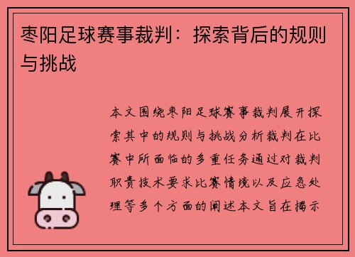 枣阳足球赛事裁判：探索背后的规则与挑战