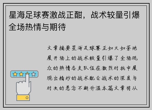 星海足球赛激战正酣，战术较量引爆全场热情与期待