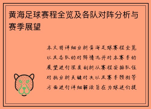 黄海足球赛程全览及各队对阵分析与赛季展望