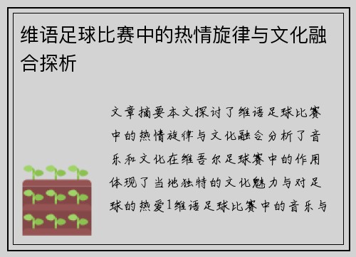维语足球比赛中的热情旋律与文化融合探析
