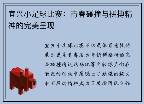 宜兴小足球比赛：青春碰撞与拼搏精神的完美呈现