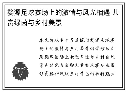 婺源足球赛场上的激情与风光相遇 共赏绿茵与乡村美景