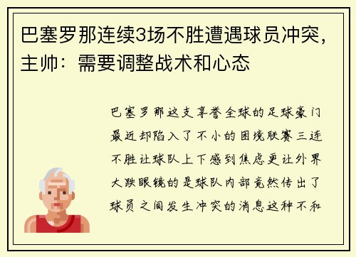 巴塞罗那连续3场不胜遭遇球员冲突，主帅：需要调整战术和心态