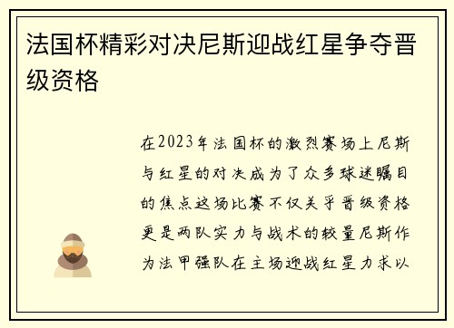 法国杯精彩对决尼斯迎战红星争夺晋级资格
