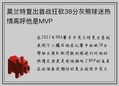 莫兰特复出首战狂砍38分灰熊球迷热情高呼他是MVP