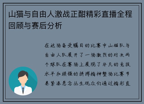 山猫与自由人激战正酣精彩直播全程回顾与赛后分析