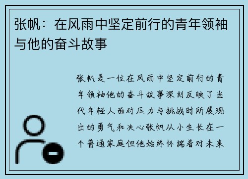 张帆：在风雨中坚定前行的青年领袖与他的奋斗故事