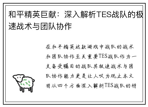 和平精英巨献：深入解析TES战队的极速战术与团队协作