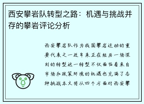 西安攀岩队转型之路：机遇与挑战并存的攀岩评论分析