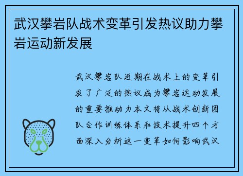 武汉攀岩队战术变革引发热议助力攀岩运动新发展